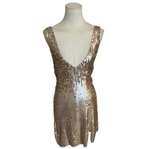 AUDREY 3+1 Champagne Gold Sequin Mini Dress Party NYE Size M Dance Deep V Neck